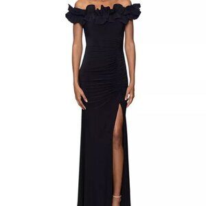 Xscape Black Ruffle Off the Shoulder Scuba Crepe Gown
